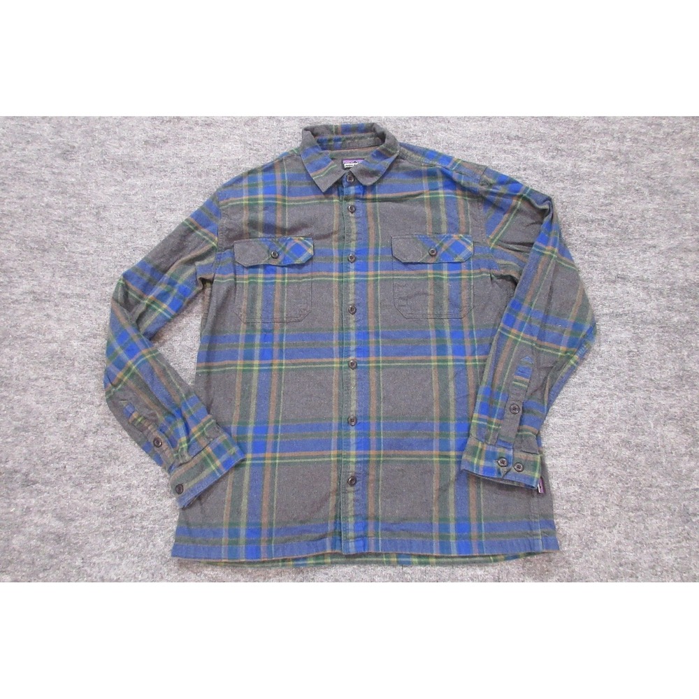 Patagonia Shirt Mens Large Gray Blue Plaid Mid Weight Cotton Flannel‎ Button Up